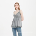 women spaghetti top washed grey color lace hem elegant sexy V neck girl lace camisole with flared edge